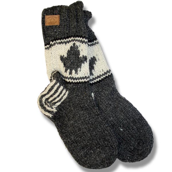 Adult wool socks w/maple leaf charcoal background