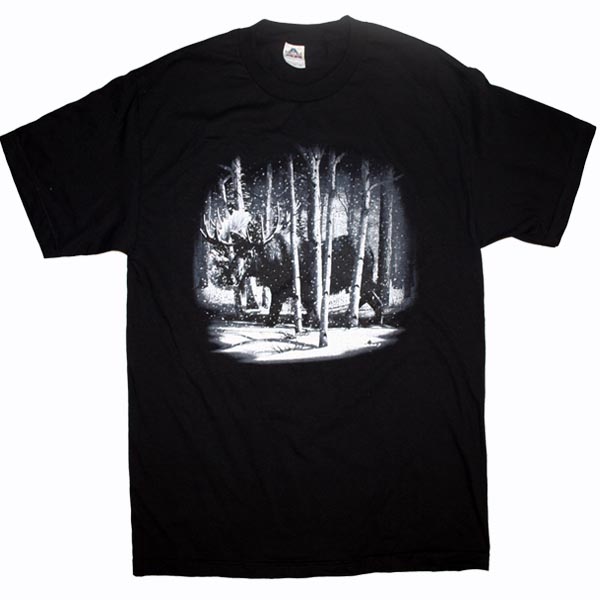 ADULT T-SHIRT WITH QUADRATONE MOOSE IN THE WOODS & TOWN NAME
