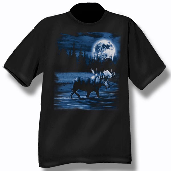 ADULT T-SHIRT WITH MOOSE NIGHT SCENE &TOWN NAME