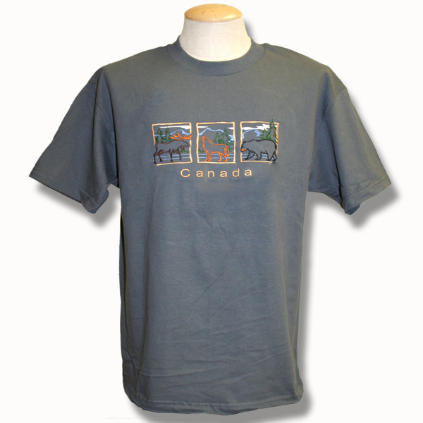 ADULT T-SHIRT WITH MOOSE WOLF AND BEAR IN SQUARES & TOWN NAME